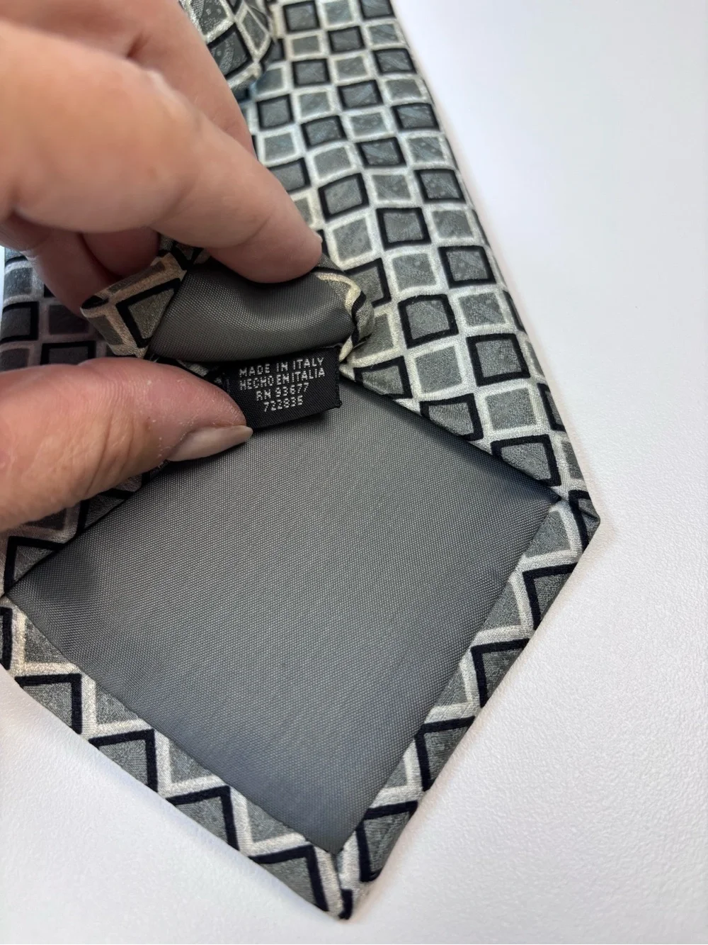 J.Ferrar Black,Olive and Cream Geometric Silk Tie Made in Italy EUC